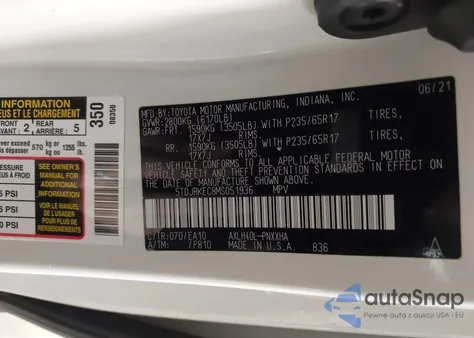 2021 Toyota Sienna Xle z USA, uszkodzony, nr VIN 5TDJRKEC8MS051936